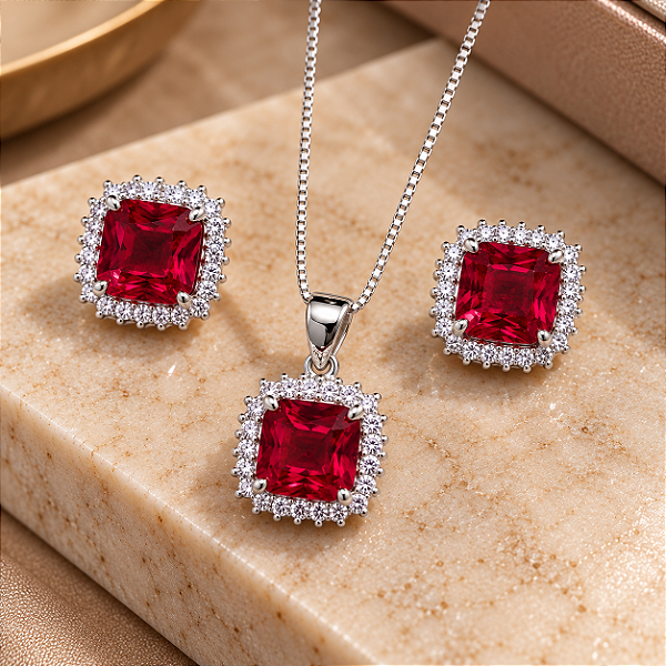 Conjunto Quadrado de Prata 925 com Rubí e Zircônias