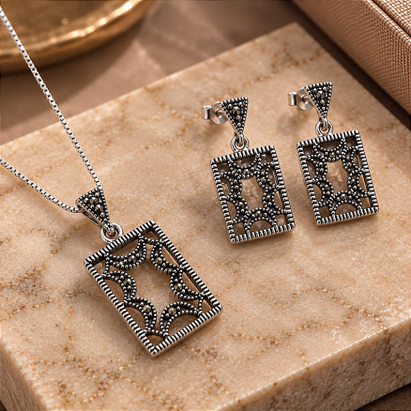 Conjunto Retangular de Prata 925 Vazado com Marcassitas