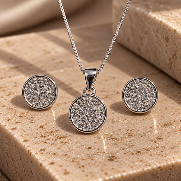 Conjunto Redondo de Prata 925 cravejado de Zircônias