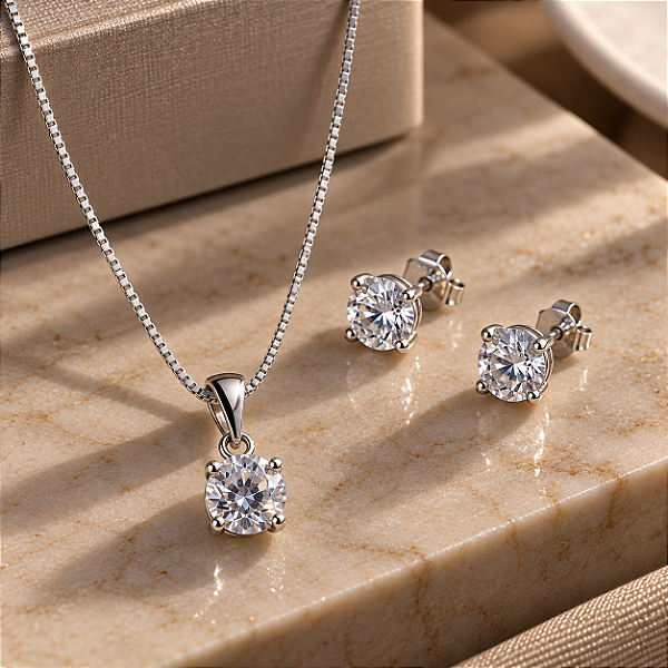 Conjunto Ponto de Luz de Prata 925 com Zircônias