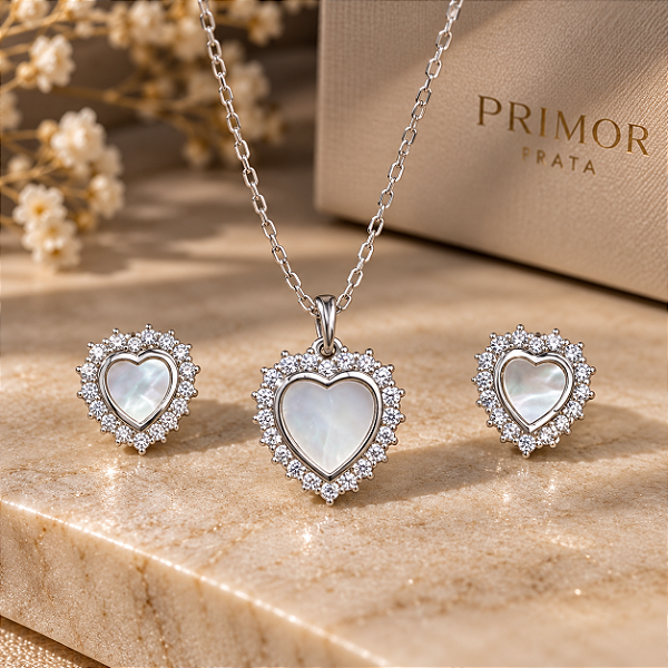 Conjunto Coração de Prata 925 com Madrepérola e Zircônias