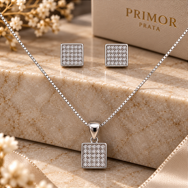 Conjunto Quadrado de Prata 925 cravejado de Zircônias