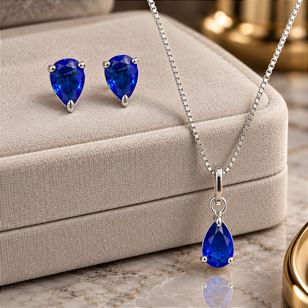 Conjunto Gota de Prata 925 com pedra Sintética Colorida