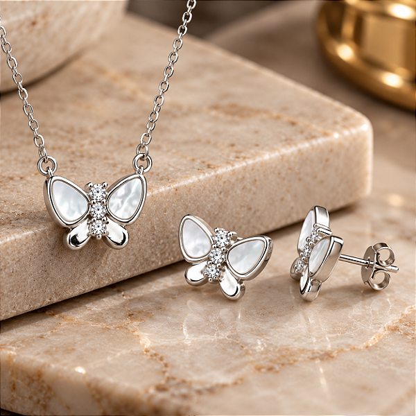 Conjunto Borboleta de Prata 925 com Madrepérola e Zircônias