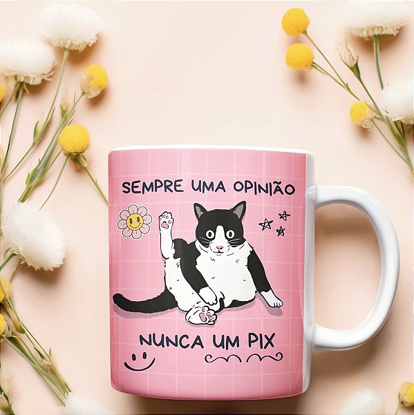 Caneca Divertida Gato e Cachorro “Sempre uma Opinião, Nunca um Pix” | Porcelana 325 ml | 1 Unidade – Fenari