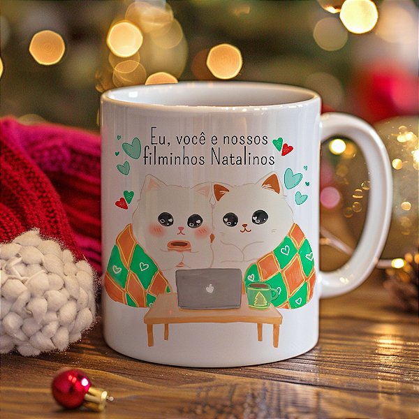 Caneca Natalina para Casal “Eu, Você e Nossos Filminhos Natalinos” | Porcelana 325 ml | 1 Unidade – Fenari