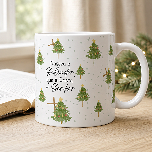 Caneca Natalina Cristã “Nasceu o Salvador, que é Cristo, o Senhor” | Porcelana 325 ml | 1 Unidade – Fenari
