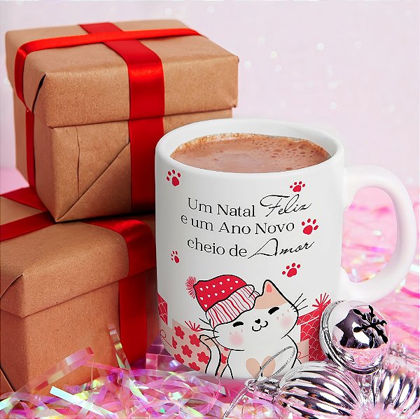 Caneca Natalina de Gato “Um Natal Feliz e um Ano Novo Cheio de Amor” | Porcelana 325 ml | 1 Unidade – Fenari