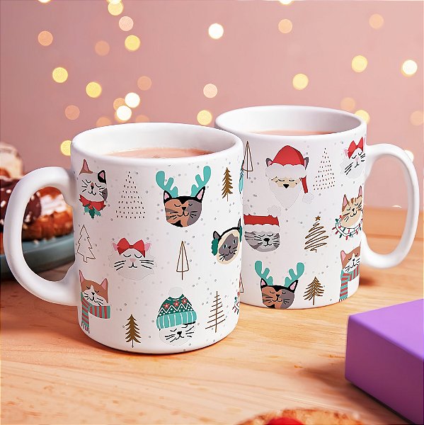Caneca Natalina de Gatos com Estampa Divertida | Porcelana 325 ml | 1 Unidade – Fenari