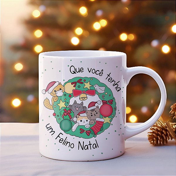 Caneca Natalina de Gatinhos “Que Você Tenha um Felino Natal” | Porcelana 325 ml | 1 Unidade – Fenari