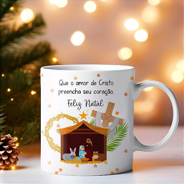 Caneca de Natal Religiosa “Que o Amor de Cristo Preencha Seu Coração” | Porcelana 325 ml | 1 Unidade – Fenari
