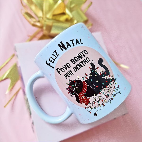 Caneca Natalina de Gato “Feliz Natal, Povo Bonito por Dentro” | Porcelana 325 ml | 1 Unidade – Fenari