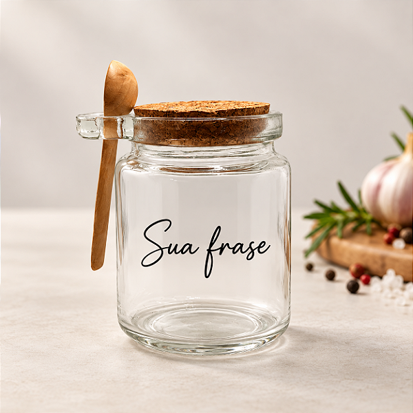 Pote de Vidro Personalizado com Frase, Colher de Madeira e Tampa de Rolha 250ml - 1 unidade - Fenari