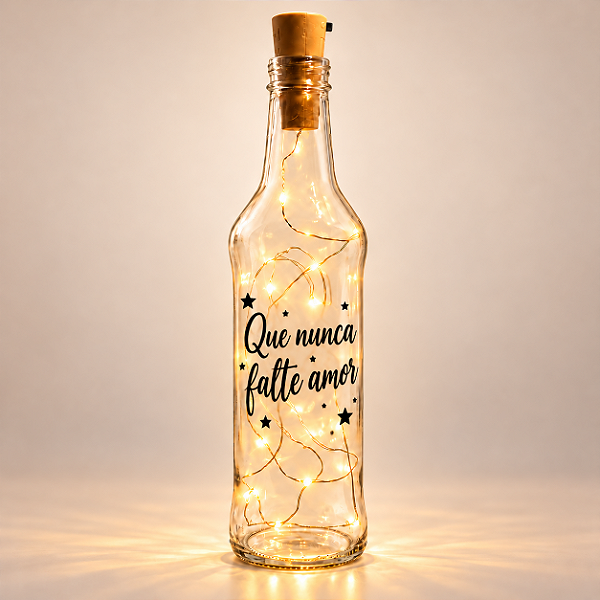 Garrafa de Vidro Decorativa com LED - Que Nunca Falte Amor - 270ml - 1 unidade - Fenari