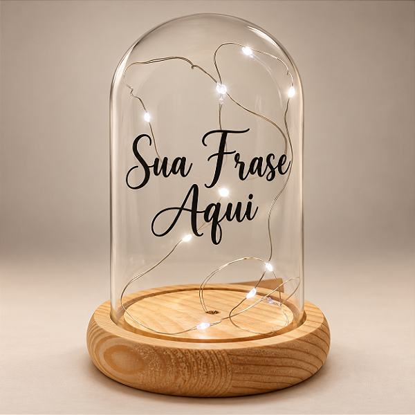 Cúpula de Vidro Personalizada com LED Branco e Base de Madeira 16 cm - 1 unidade - Fenari