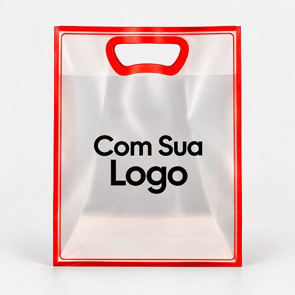 Sacola Transparente Fosca Personalizada com Sua Logo e Detalhes Vermelhos - 1 unidade - Fenari