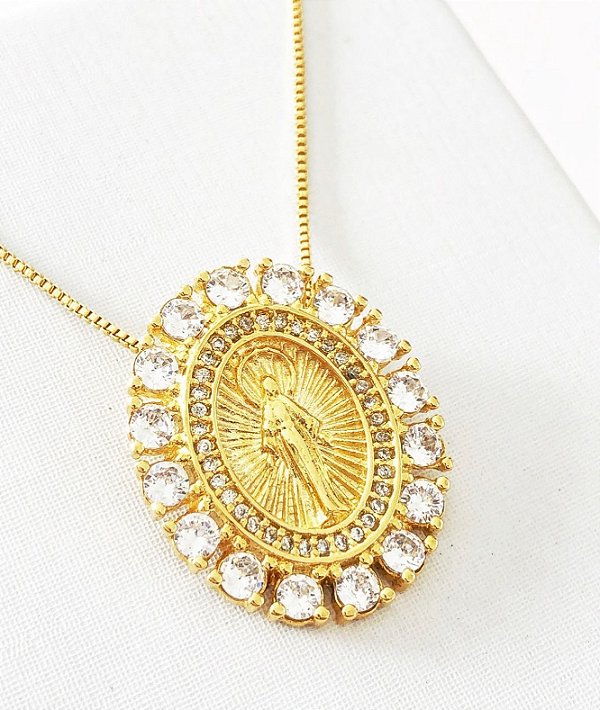 colar com pingente medalha nossa senhora das gracs banho de ouro 18k