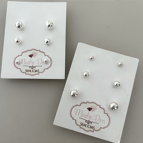 Kit trio brinco bolinha banhado prata