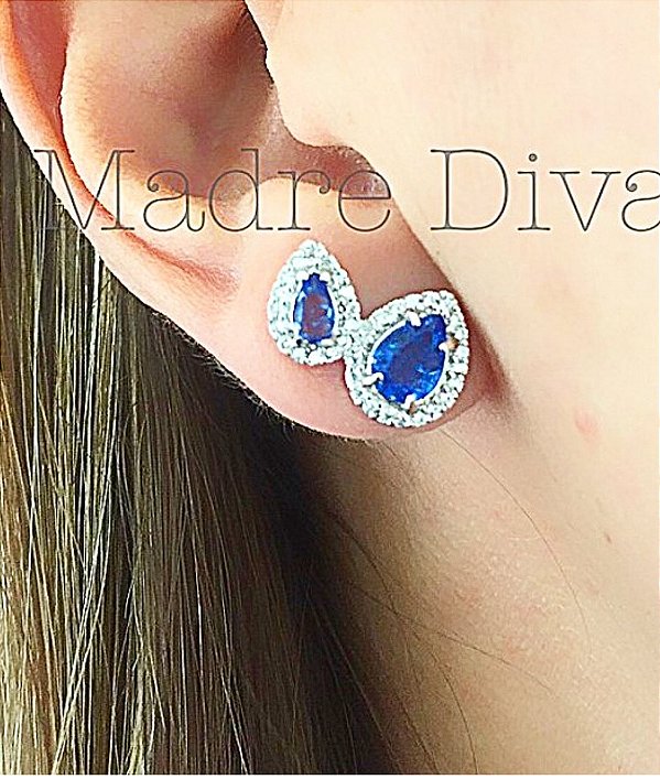 Brinco azul Safira ródio branco