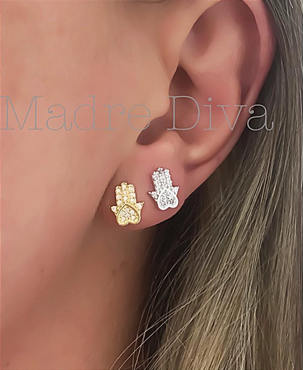 Brinco Zirconia  mão de Fátima banhado