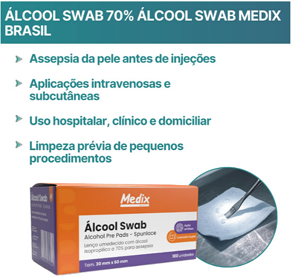 Alcool Swab 70% Sache Lenço Umidecido 100 uni - Medix
