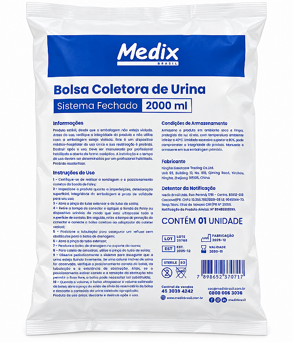 Bolsa Coletora de Urina 2 Litros Sistema Fechado Estéril - Medix
