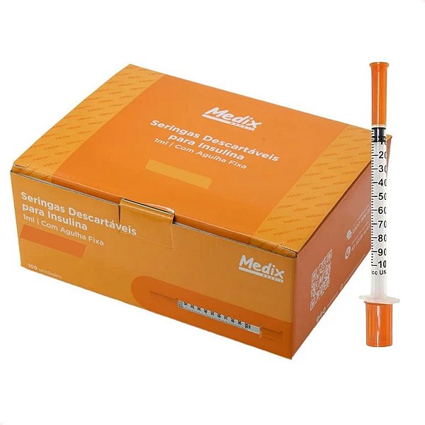 Seringa para Insulina 1ml com Agulha 13 x 0,45mm - 100 Unidades - Medix