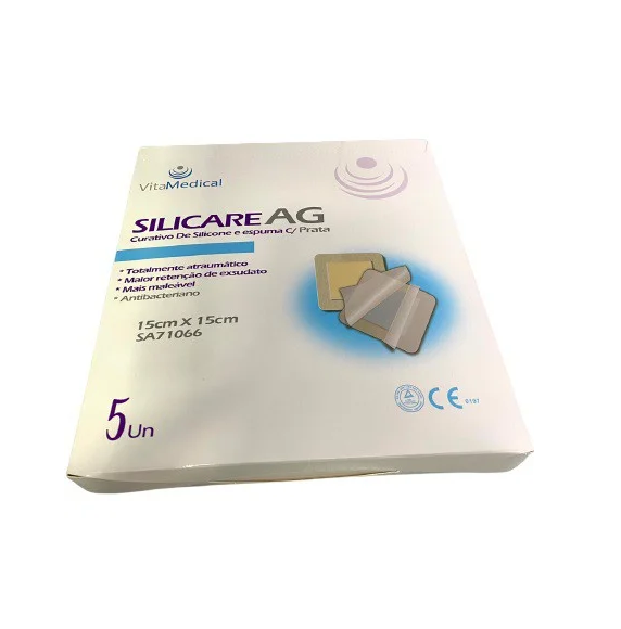 Curativo de Silicone Com Prata e Espuma Aderente Silicare AG 15cm x 15cm Cx C/5 un - Vita Medical