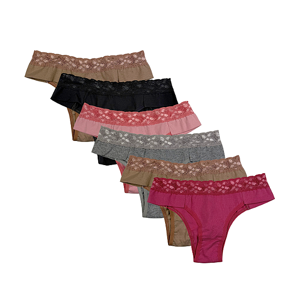 Kit 6 Calcinhas Tanga com Renda em Algodão