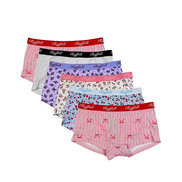 Kit 6 Calcinhas Boxer Feminino Adulto em Algodão Estampadas