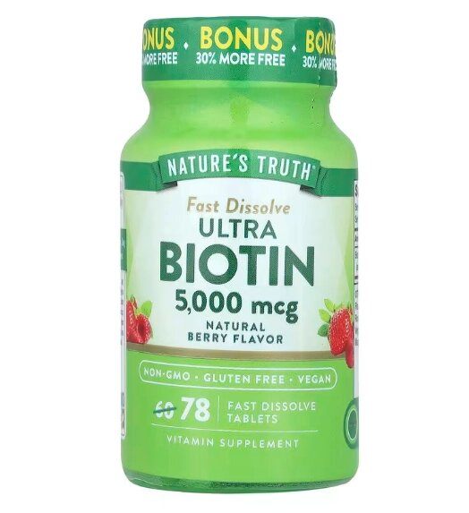 Biotina 5000mcg, 78 Comprimidos Sabor Fruto Silvestre, Nature's Truth