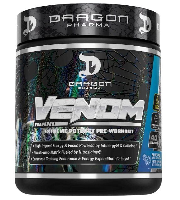 Pré Treino Venom Extreme, Foco e Energia, 196g Sabor Blue Raspberry, Dragon Pharma