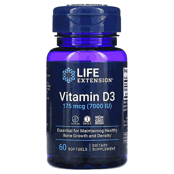 Vitamina D3, 175 mcg 7000 UI, 60 Cápsulas, Life Extension