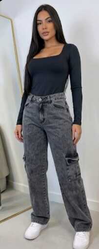 Calça Cargo Jeans Acid Wash Cinza