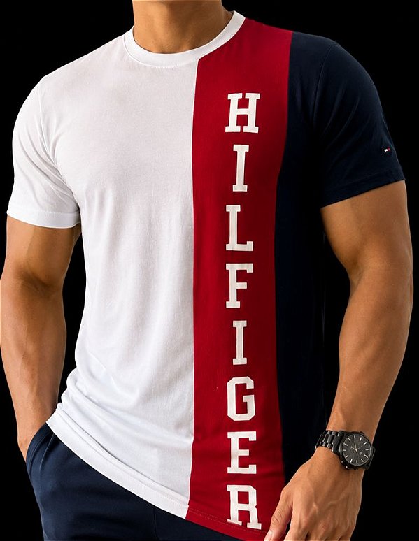 Camiseta Masculina Tommy Hilfiger Branca com Faixa Vertical Tricolor