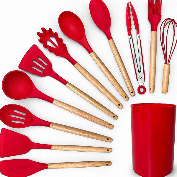 3 Kit de Utensílios de Cozinha em Silicone com Cabo de Madeira, 12 Peças