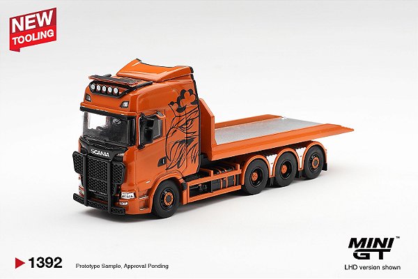 PRÉ VENDA - MINI GT - Scania 770S B8x4NA Hooklift Flatbed Orange (1392)