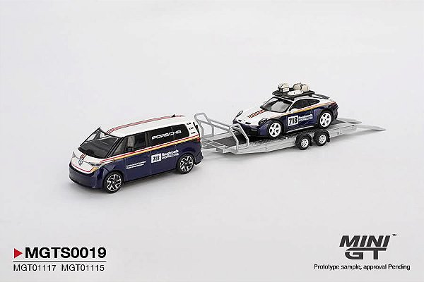 PRÉ VENDA - MINI GT - Set RoughRoad - VW ID Buzz + Porsche 911 Dakar + Trailer