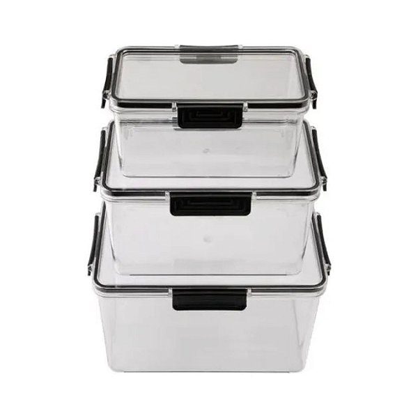 Kit 3 Potes Herméticos de Plástico Retangular Transparente com 3,8L, 2L e 900ml