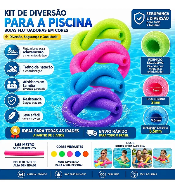 FLUTUADOR ESPAGUETE COLORIDO P/ PISCINA