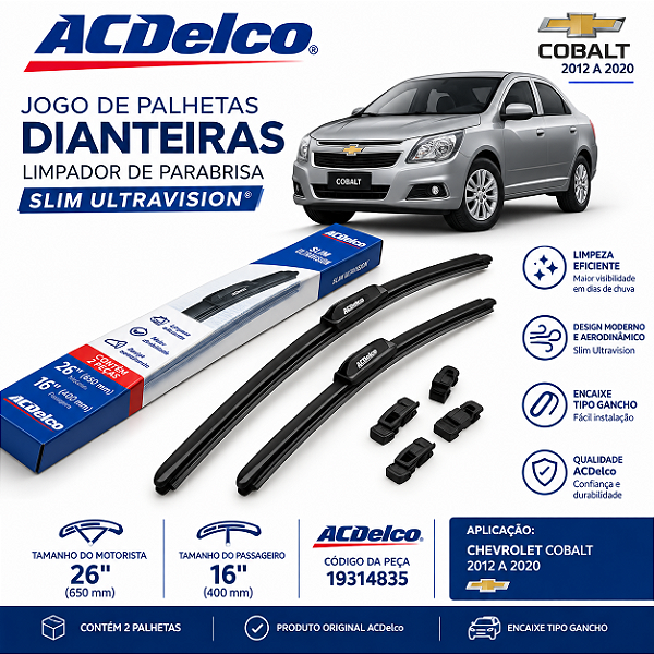Jogo Palhetas Dianteiras Limpador Parabrisa Cobalt 2012 a 2020 ACDelco 19314835