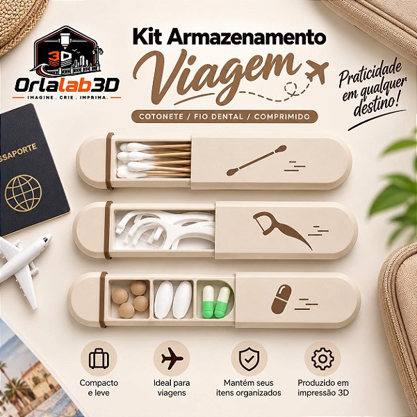 Kit Armazenamento para Viagem – Cotonete, Fio Dental e Comprimidos ✈️