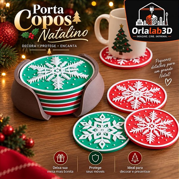 Porta Copos Natalino – Kit com 4 Peças + Suporte 🎄❄️