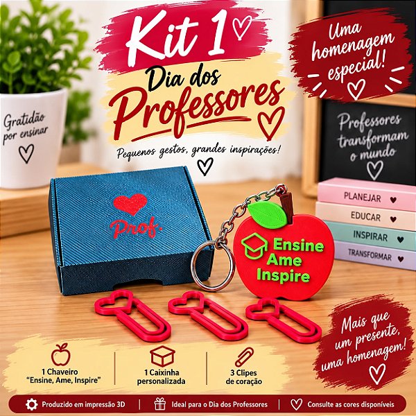 Kit Dia dos Professores – Chaveiro + Caixinha + Clipes ❤️🍎