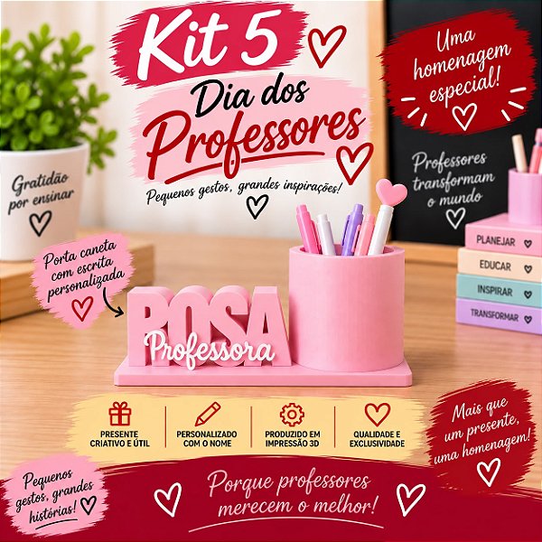 Kit 5 – Porta-Caneta Personalizado Dia dos Professores ❤️✏️