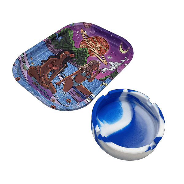 Kit Bandeja Metal Surf Girls + Cinzeiro Silicone Azul Mesclado