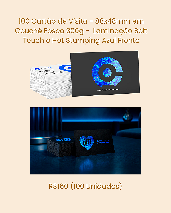 Cartão de Visita - 88x48mm em Couché Fosco 300g - Laminação Soft Touch e Hot Stamping Azul Frente (100 Unidades)
