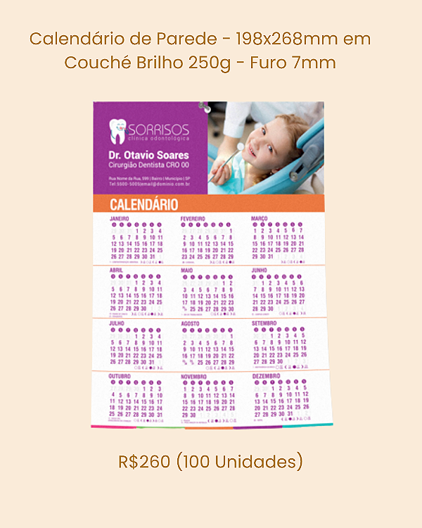 Calendário de Parede - 198x268mm em Couché Brilho 250g - Furo 7mm (100 Unidades)