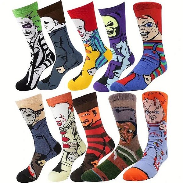 Kit 10 Pares de Meias Vilões Terror - Moda Geek