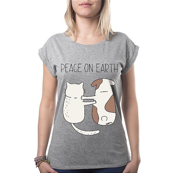 Camiseta Baby Look Cachorro e Gato - Peace on Earth